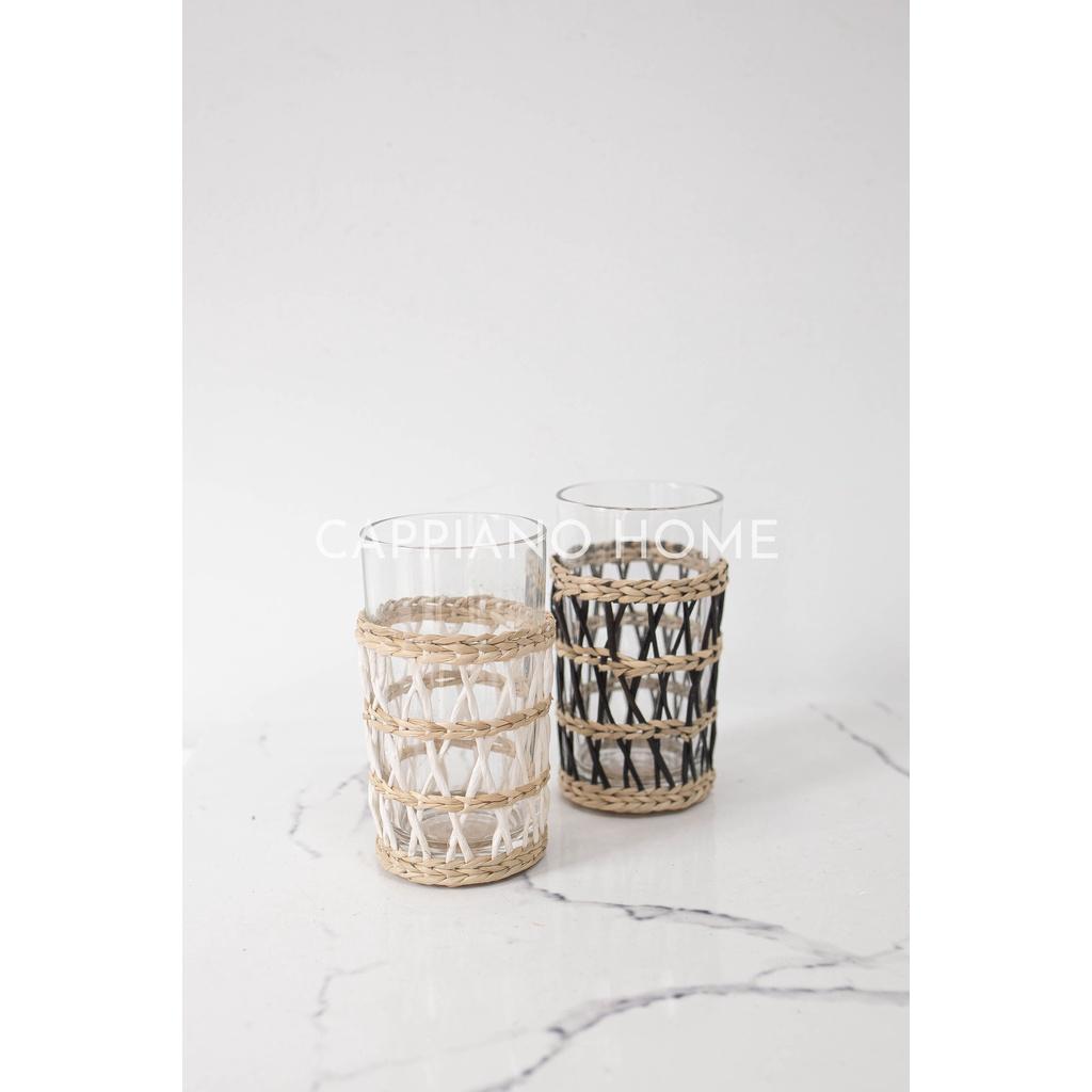Cốc thuỷ tinh cao mix lót cói đen trắng độc đáo, cốc thuỷ tinh decor,cốc thủy tinh uống nước, cốc bày bàn tiệc|Cappiano