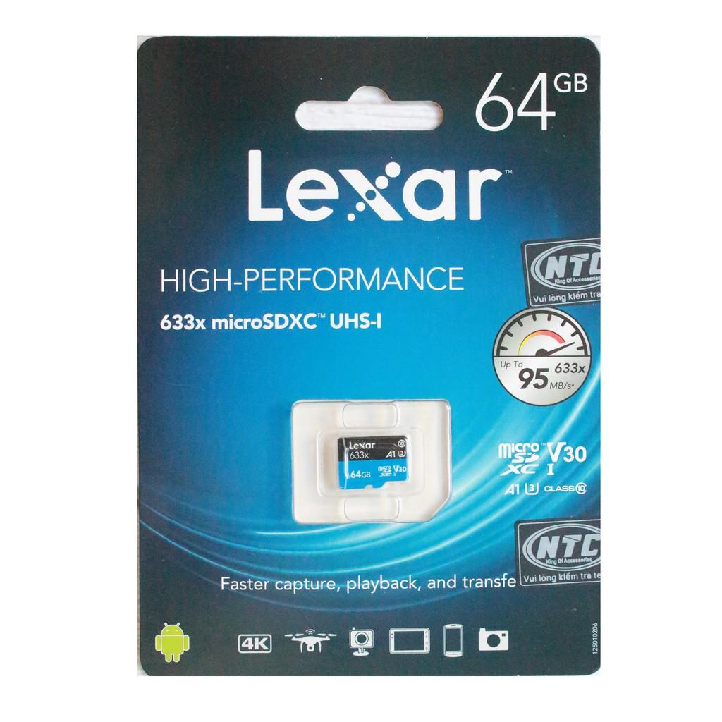 Thẻ nhớ MicroSDXC Lexar 64GB 633x A1 V30 U3 4K 95MB/s - Full box (Xanh)