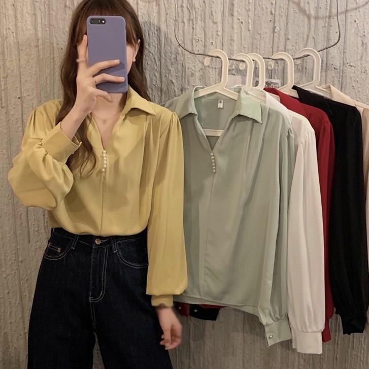 Áo Kiểu Tay Dài Cổ Chữ V Thiết Kế Màu Trơn Thanh Lịch Dành Cho Nữ
