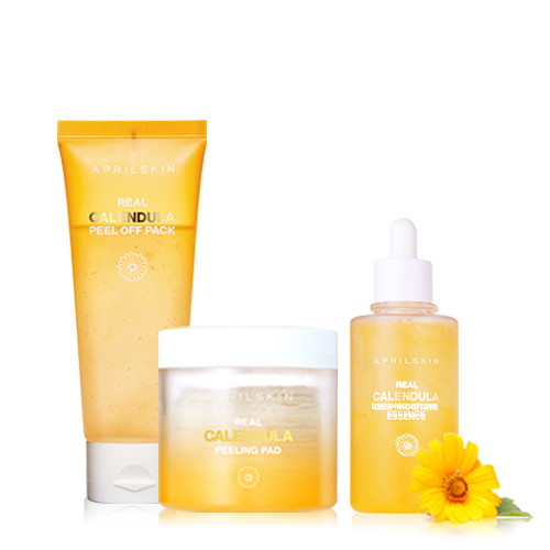 Aprilskin Set Set mặt nạ lột tẩy tế bào chết Real Calendula Peel Off Pack &amp; Real Calendula Peeling Pad &amp; tinh chất Deep Moisture Essence