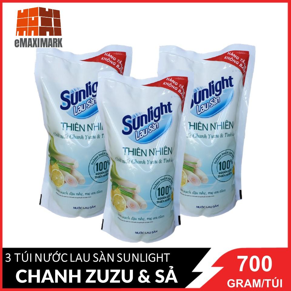 Combo 3 túi Nước lau sàn Sunlight Thiên nhiên chiết xuất Chanh Yuzu &amp; Sả (trắng) túi 700g X3