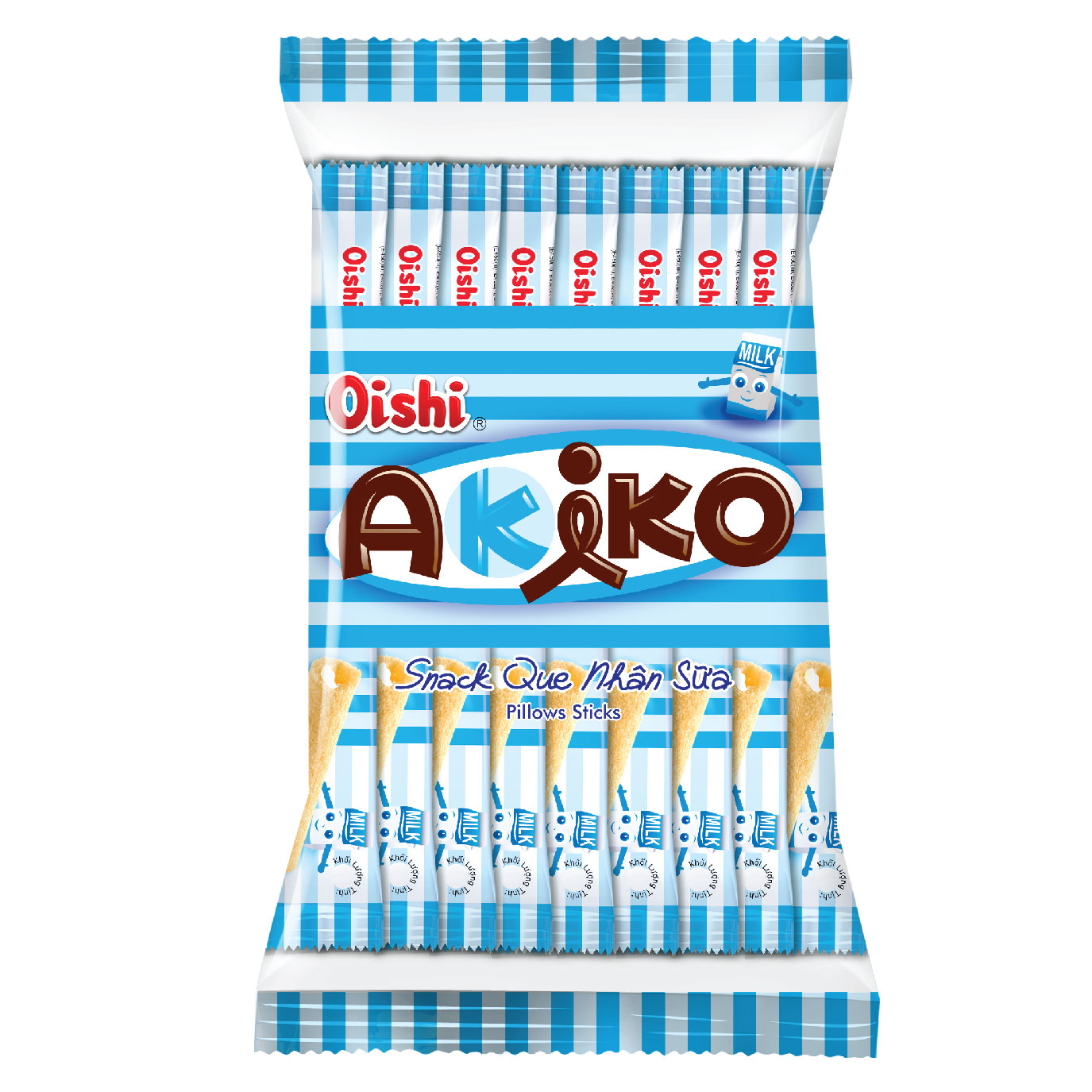 Combo 10 gói Oishi Snack Que Nhân Sữa Akiko (160g/gói/20 que)