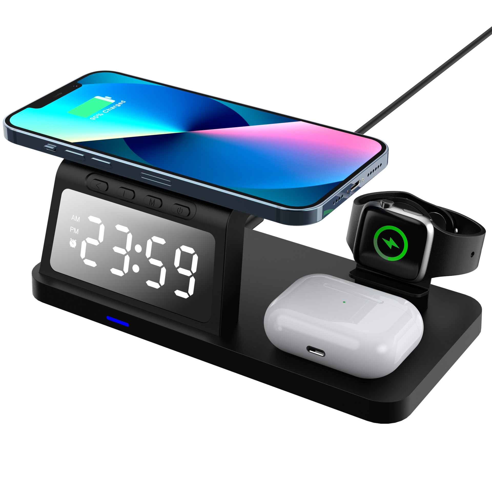 Trạm sạc không dây, đồng hồ để bàn 4in1 Wireless Charger Fast Charging Station