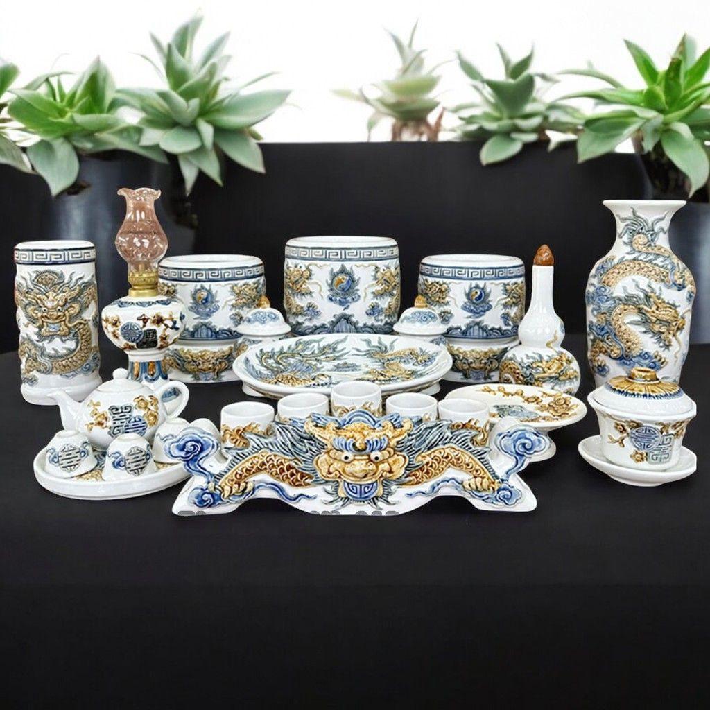 Bộ Ấm Chén Thờ RỒNG VIỆT Men Trắng Cao Cấp - Gốm Bát Tràng Họa Tiết Đào Thọ Đắp Nổi