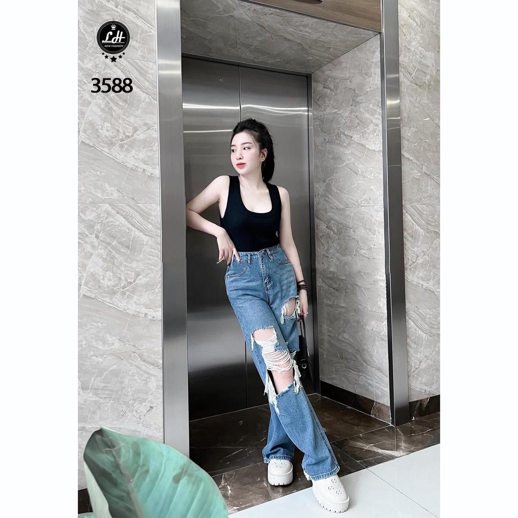 Quần jean nữ ống rộng, quần bò màu xanh ulzzang rách tả tơi hai ống lưng cao Lê Huy Fashion MS 3588