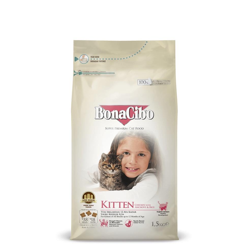 THỨC ĂN HẠT CHO MÈO CON THỊT GÀ, CÁ CƠM VÀ GẠO - BONACIBO GÓI 1.5KG