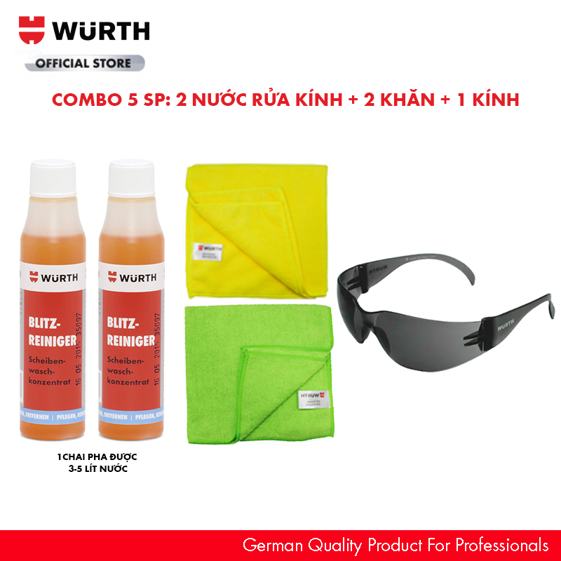 Combo Wurth 2 Nước Rửa Kính Tiện Dụng 2 Khăn Và 1 Kính Bảo Hộ Màu Đen Siêu Tiết Kiệm