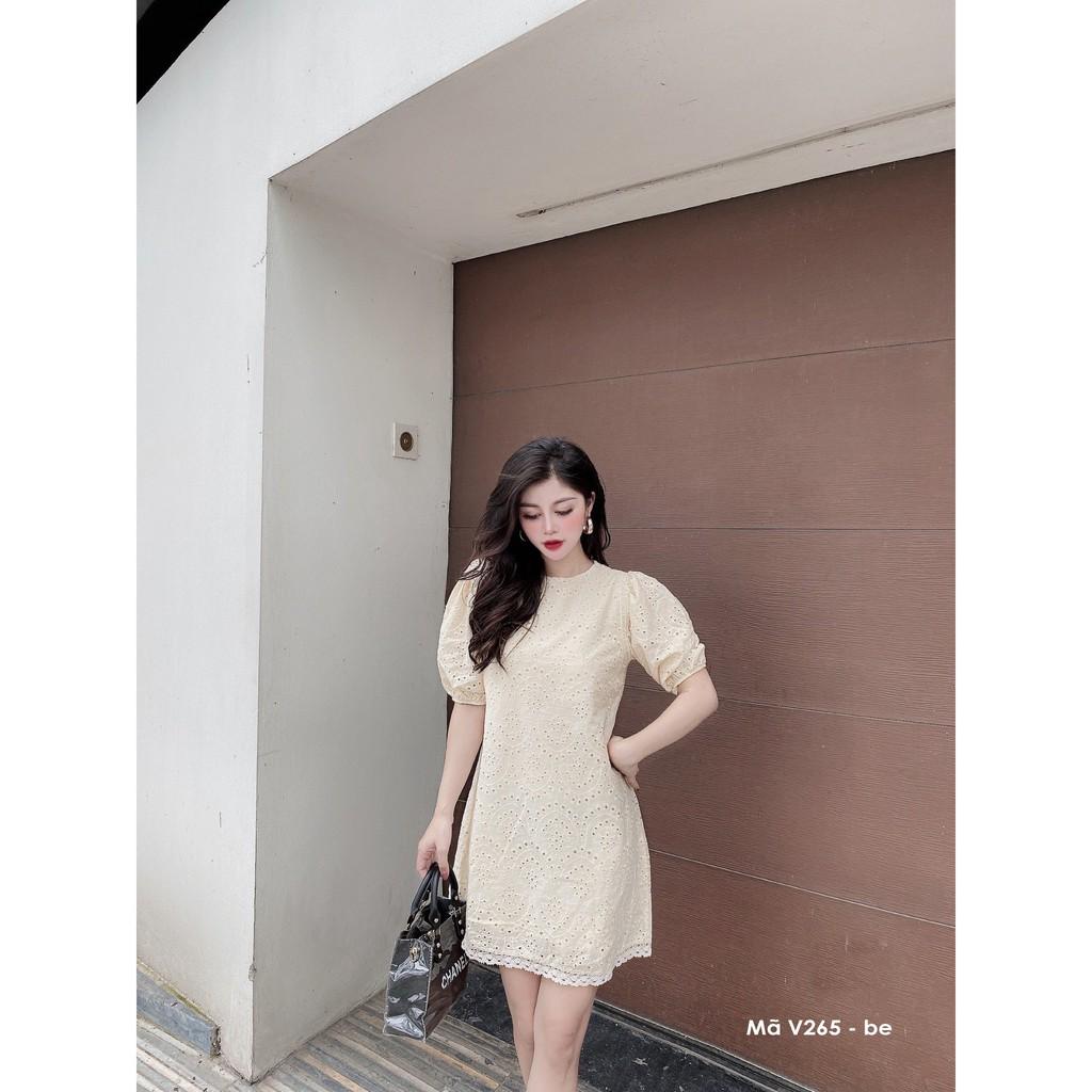 Váy suông phối ren, cổ tròn, tay phồng bo chun, đầm xuông freesize 3 màu vàng, trắng, be mã V265 - Michi's House