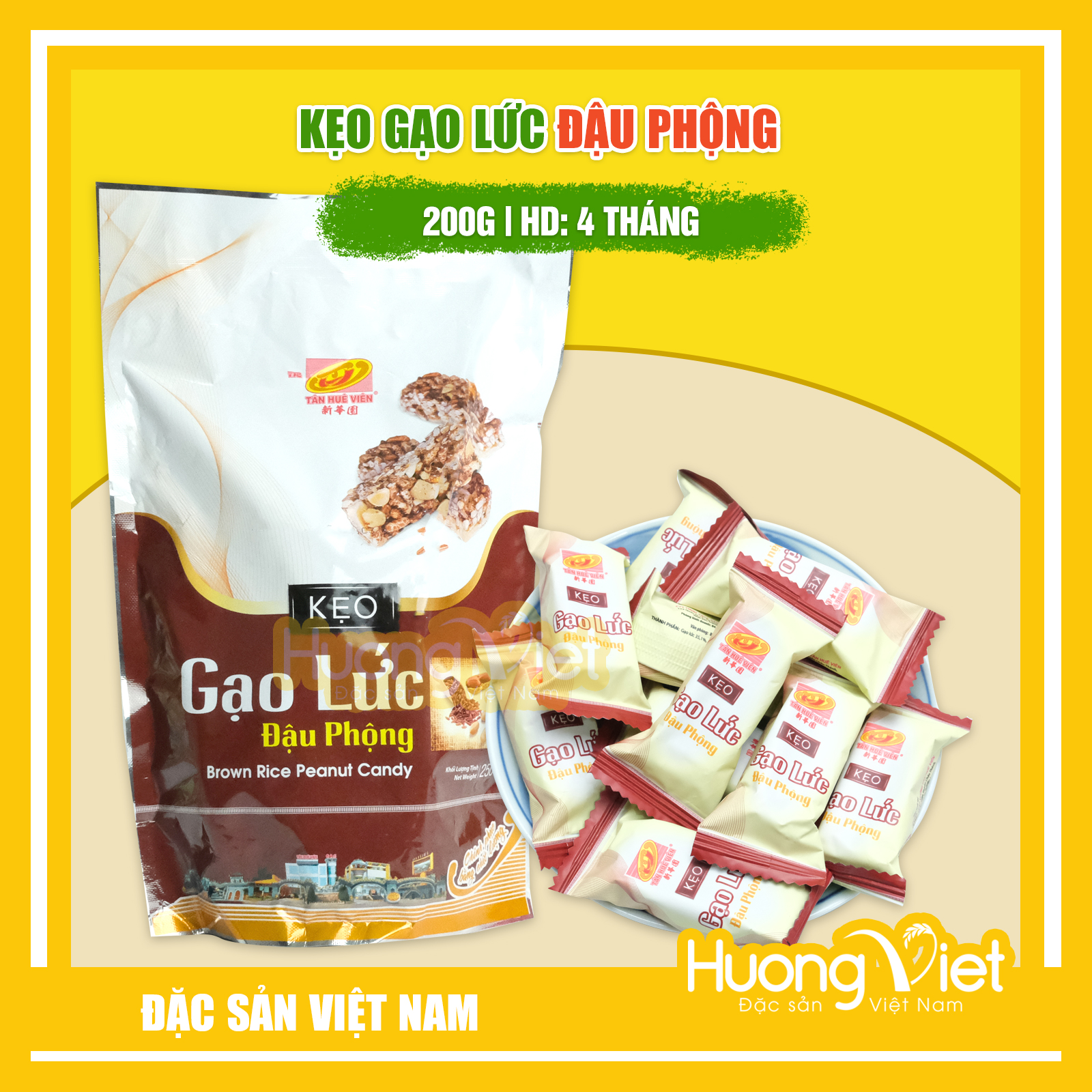 Đặc Sản Sóc Trăng - Kẹo Gạo Lứt Đậu Phộng Tân Huê Viên 200G, Kẹo Gạo Lức Sóc Trăng Giòn Ngon Vị Ngọt Nhẹ Của Gạo Lức, Vị Giòn Của Đậu Phộng