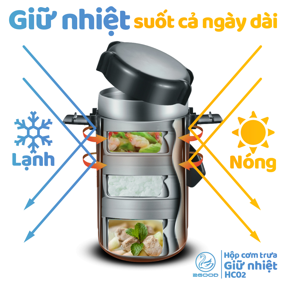 Bộ Hộp Cơm Giữ Nhiệt 2GOOD Lunch Box HC02 (2000ml) - Kèm Muỗng và Đũa Inox 304