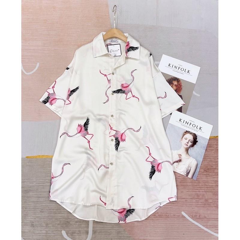 Váy ngủ sơmi pijama lụa mỏng nhẹ hoạ tiết đáng yêu hot trend 2021