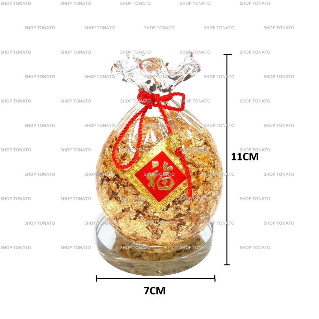 TÚI TIỀN VÀNG PHONG THỦY 02 ĐẾ THỦY TINH CAO 11CM