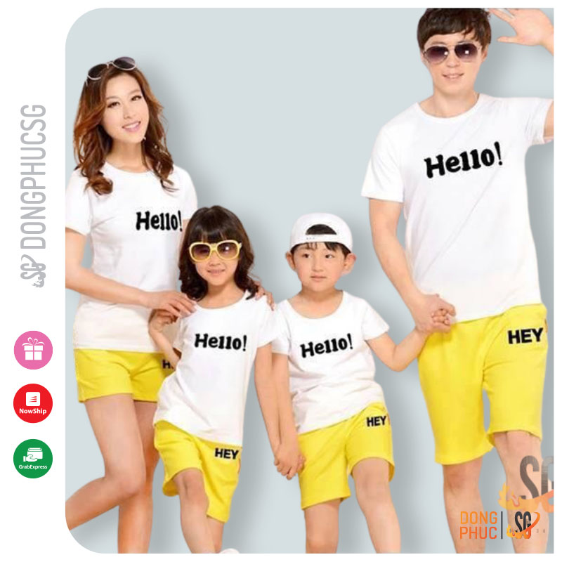 Áo gia đình mẫu Hello màu trắng | Thun cotton 4 chiều dày dặn, đủ size GD274T | SG