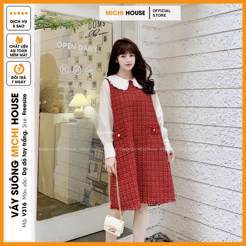 Đầm Suông Đỏ Cổ Tay Trắng Dáng Xuông Rộng Xinh MICHI House V316 Đầm Dạ Tweed Thu Đông Thiết kế Xuông Rộng Mặc Bầu Xinh