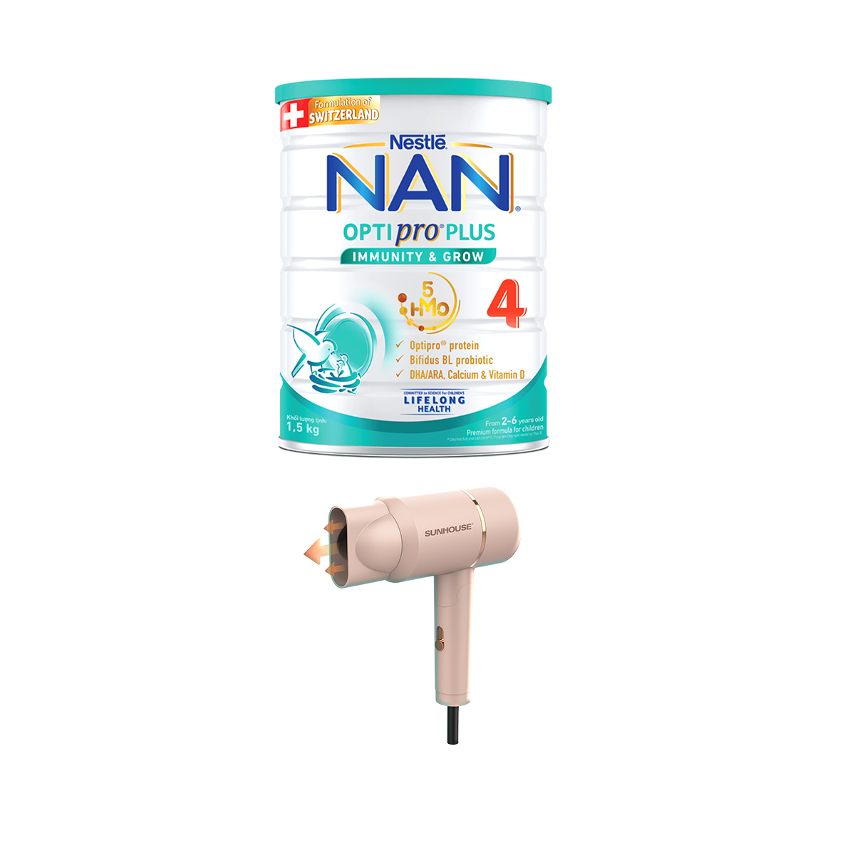 [Tặng Máy sấy tóc Sunhouse] Sữa bột Nestlé NAN OPTIPRO PLUS 4 1500g/lon với 5HMO Giúp tiêu hóa tốt