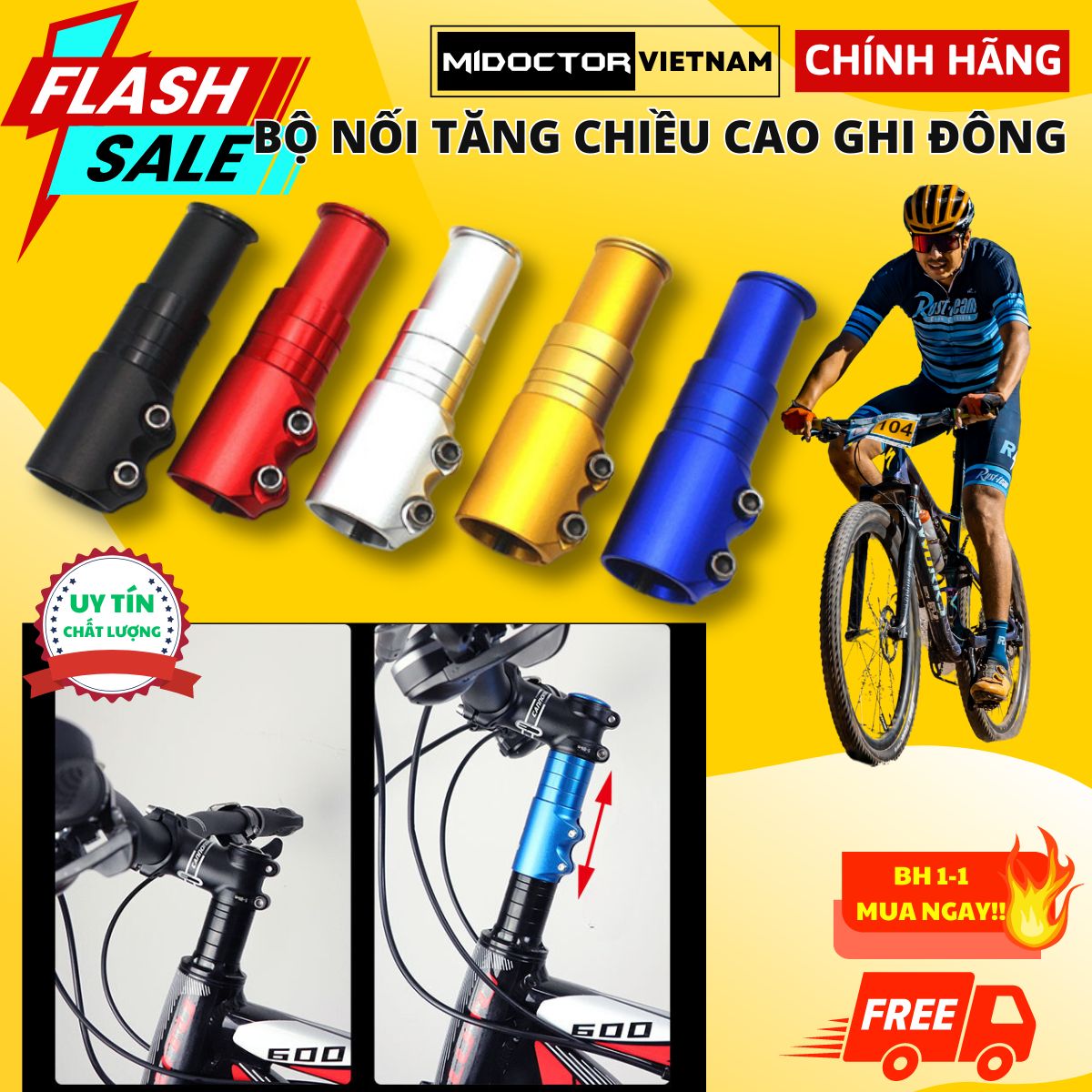 (CHỌN MÀU) Phụ Kiện Nâng Tay Lái Xe Đạp, Tăng Chiều Cao Ghi Đông Bằng Hợp Kim Nhôm Cao Cấp - chính hãng miDoctor