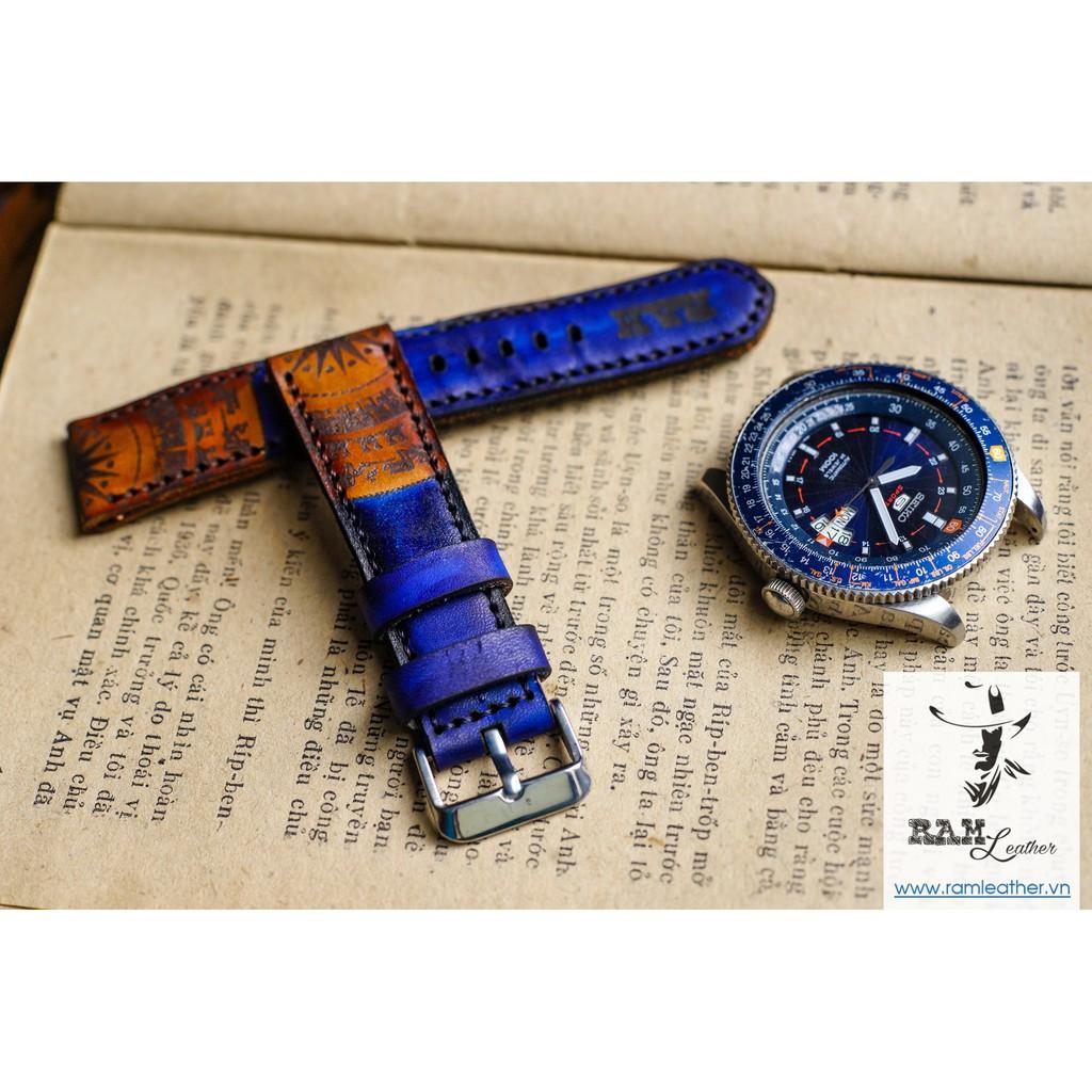 DÂY ĐỒNG HỒ TRỐNG ĐỒNG XANH NAVY -DA BÒ THẬT - CASIO AE1200.SEIKO5 - CHÍNH HÃNG RAM LEATHER