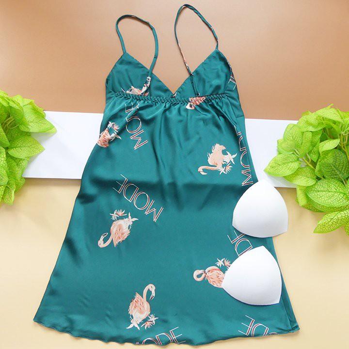 Váy ngủ lụa 2 dây hình hồng hạt xinh xắn có kèm mút ngực (màu trắng)