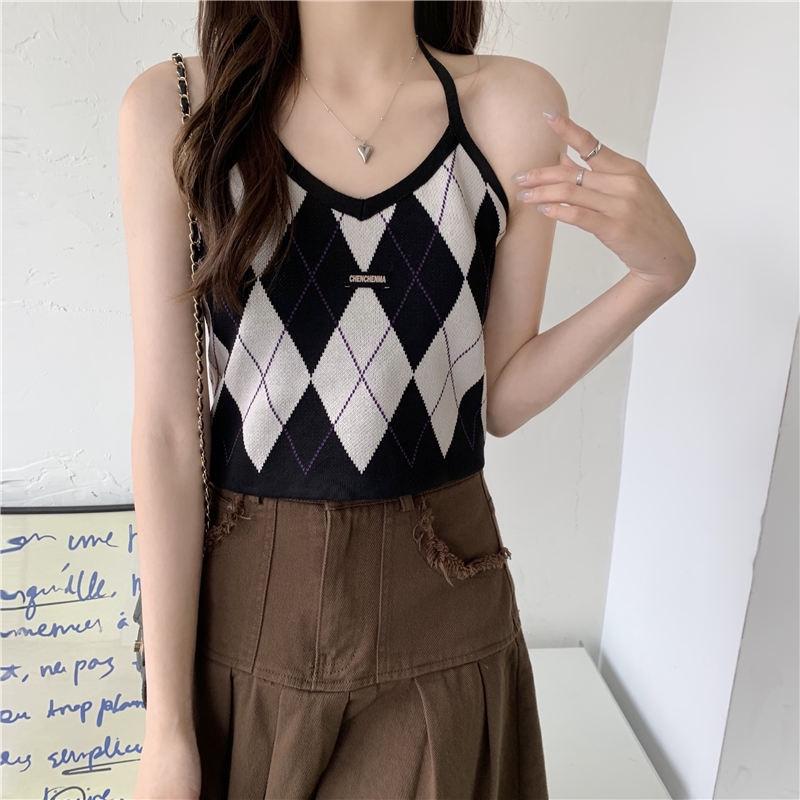 Áo yếm caro croptop dệt kim len nữ kiểu buộc dây cô tim dáng ngắn thiết kế Quảng Châu cao cấp trẻ trung cá tính