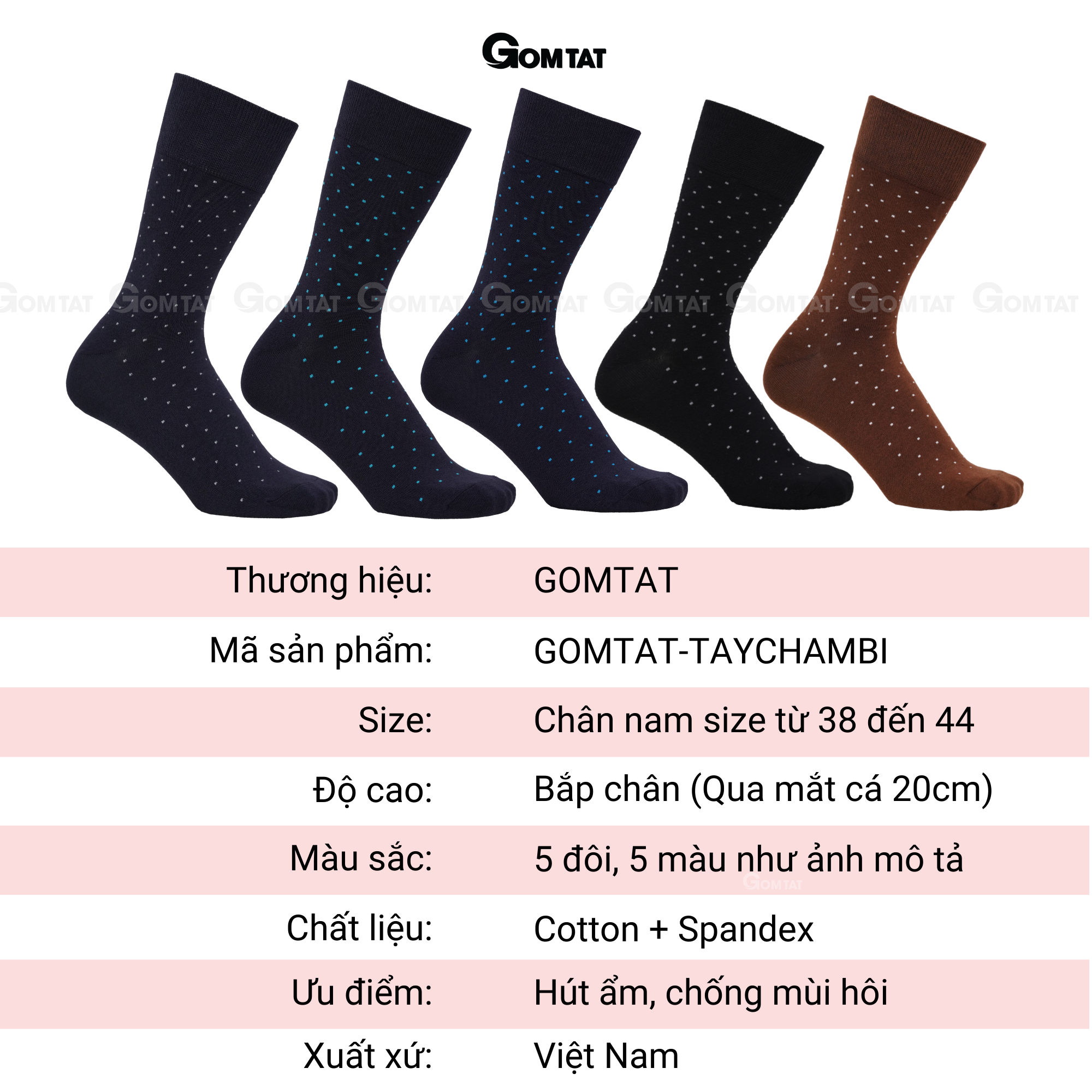 Hộp 5 đôi tất đi giày tây họa tiết chấm bi, vớ nam công sở cổ cao cao cấp, chất cotton hút ẩm, thoáng khí - GOM-CHAMBI-CB5