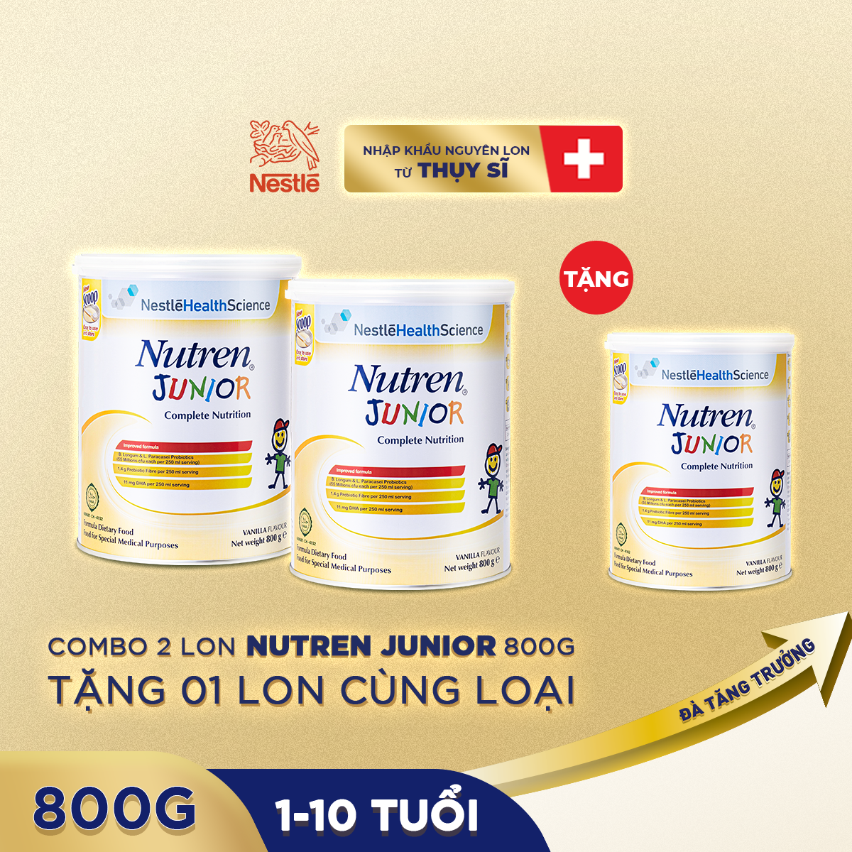 Combo 2 lon thực phẩm dinh dưỡng Nutren Junior Thụy Sĩ 800g/lon dành cho trẻ tử 1 đến 10 tuổi - Tặng 1 lon Nutren Junior 800g