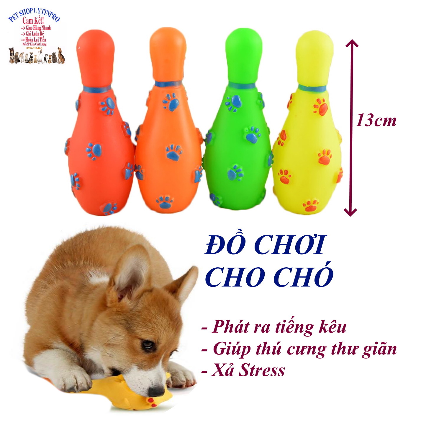 Đồ chơi cho Chó Hình Ki Bowling In vết chân nổi Cao 13cm Phát ra tiếng kêu Chất liệu nhựa dẻo, Giúp thú cưng thư giãn