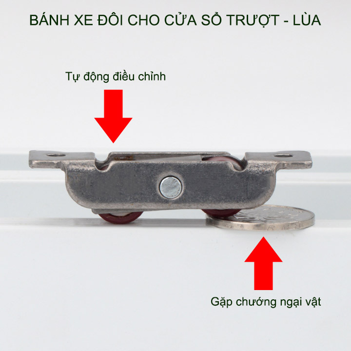 Bộ 2 bánh xe đôi cho cửa trượt-cửa lùa khung thép không gỉ, bánh xe nhựa Nilong rộng 16mm, dùng cho cửa trượt-lùa