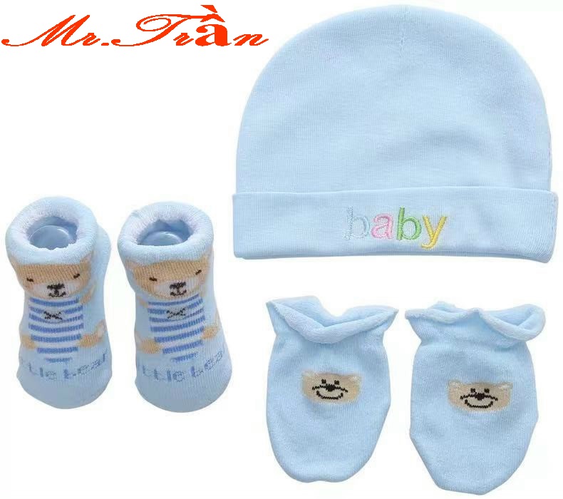 Set 3 món cao cấp dùng cho bé sơ sinh gồm tất, bao tay, mũ thóp vải cotton mềm mịn cho bé sơ sinh