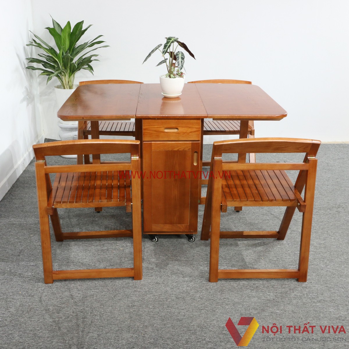 Bàn Ăn Thông Minh Xếp Gọn Gỗ Sồi Màu Cánh Gián Tự Nhiên 4 Ghế Gọn Đẹp