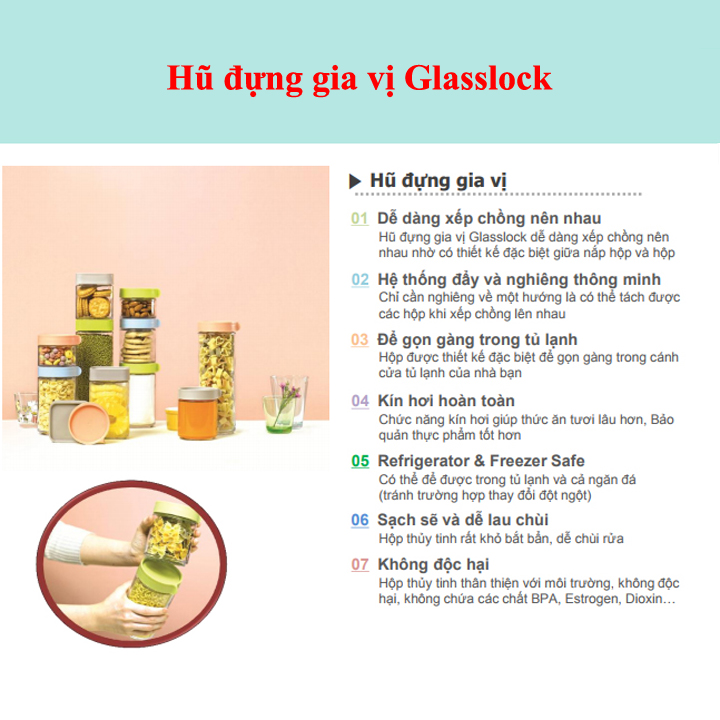 Bộ 3 hũ thủy tinh đựng gia vị Glasslock IG803 (500ml x 3 hũ)