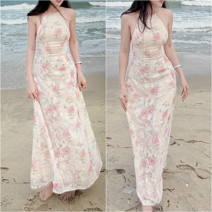 ĐẦM DÀI ĐI BIỂN SUÔNG TRƠN HOA FLORAL DÂY CỔ YẾM MAXI MIDI DẠO PHỐ DỰ TIỆC