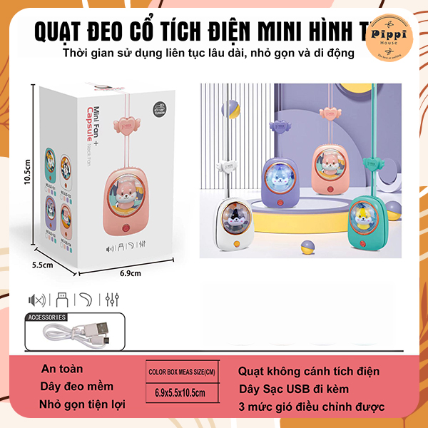 Quạt Điện Mini Đeo Cổ Hình Thú Cưng Dễ Thương Không Cánh An Toàn Cho Bé Giải Nhiệt Ngày Hè