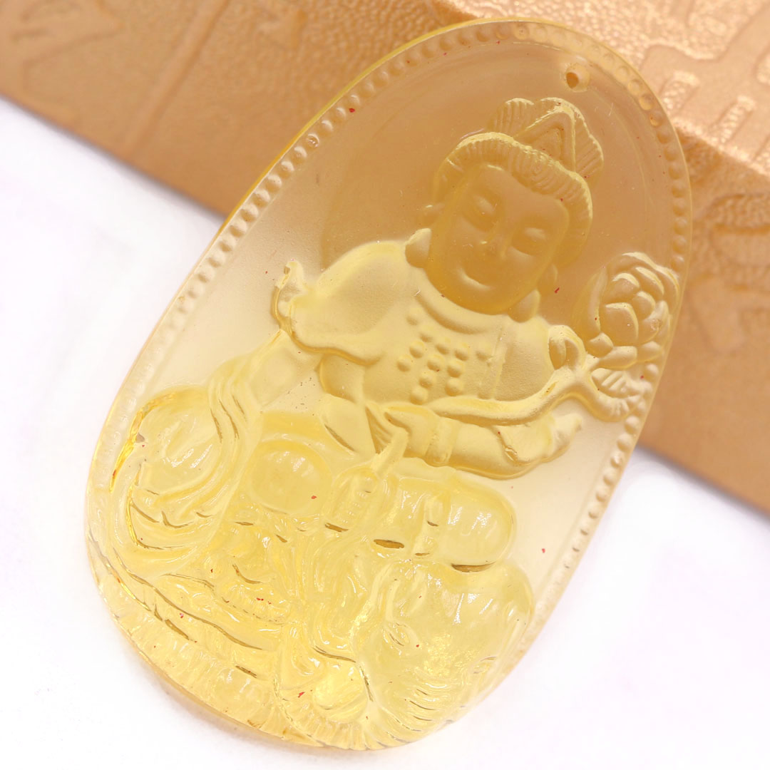 Mặt Phật Phổ hiền pha lê vàng 3.6 cm kèm móc và vòng cổ dây cao su đen, Mặt Phật bản mệnh