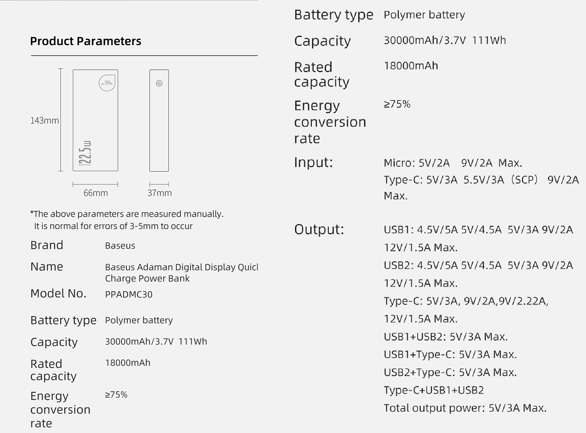 Pin dự phòng 30000mAh 22.5W sạc nhanh PD/QC Baseus Adaman Mental Display PPIMDA-C0A_Hàng Chính hãng