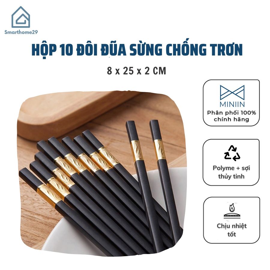 Hộp 10 Đôi Đũa  Sừng Chất Liệu Hợp Kim Mạ Vàng Cao Cấp Đầu Đũa Có Chống Trơn - Hàng Loại 1 - Chính Hãng MINIIN