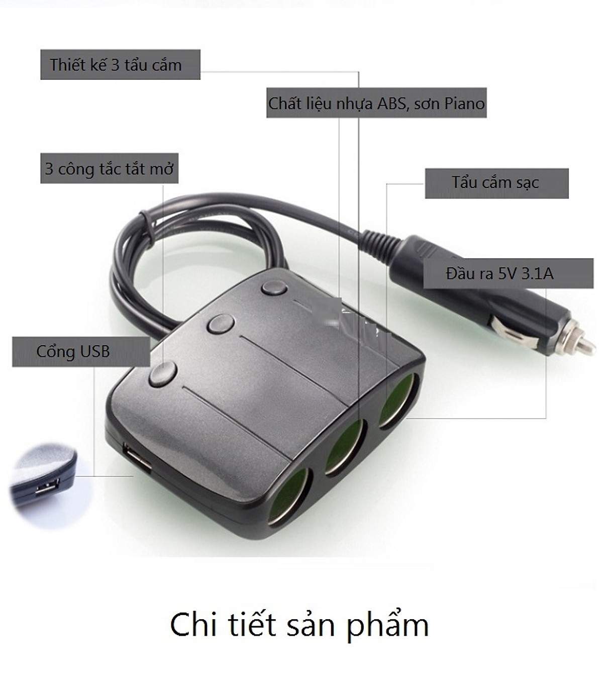 Bộ chia tẩu sạc ô tô tích hợp 3 cổng cắm sạc và 2 cổng USB sạc nhanh đa năng cao cấp KY-548 (Tặng quạt nhựa mini cắm cổng USB-GIAO MÀU NGẪU NHIÊN)