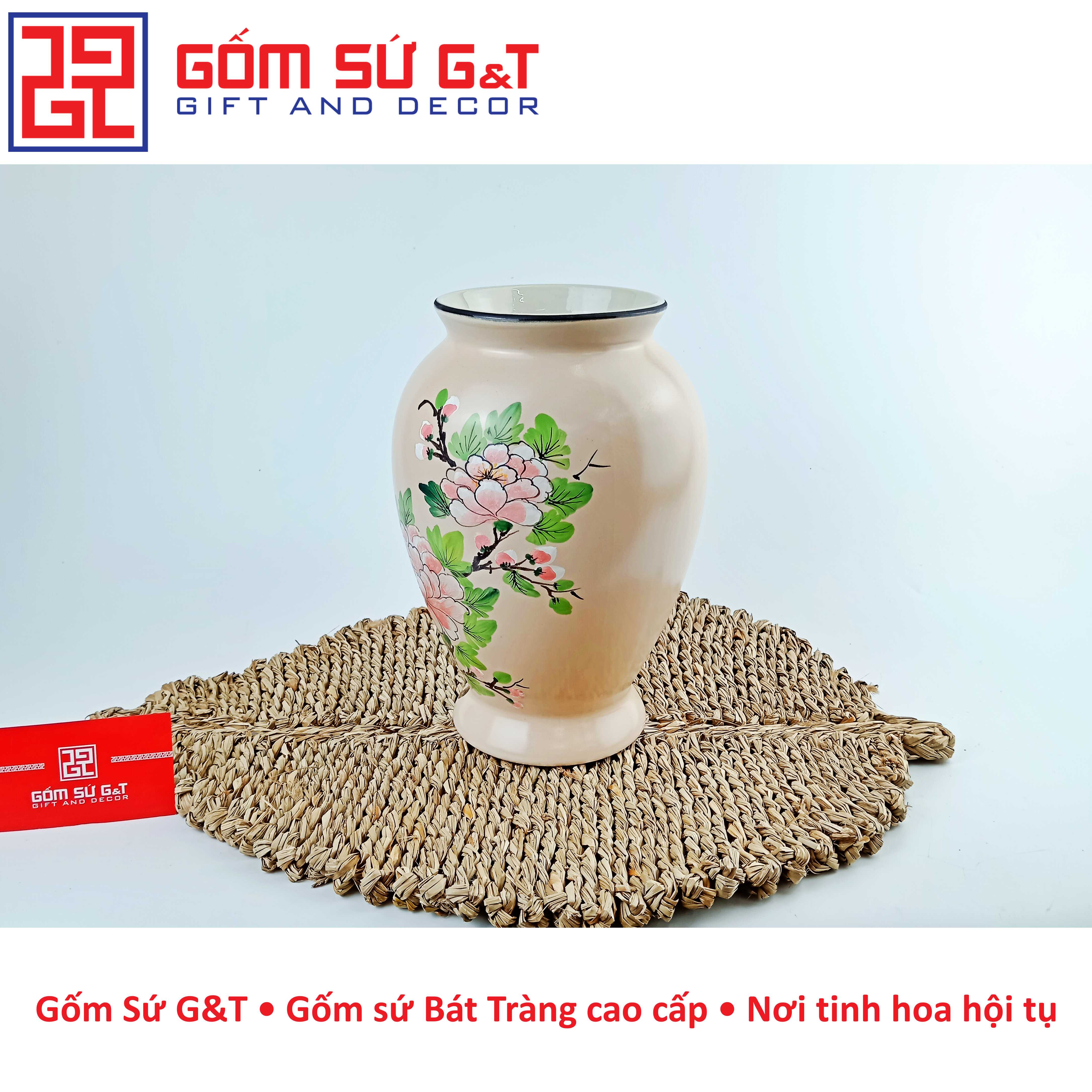 Lọ hoa dáng đùi dế vẽ chim hoa phù dung Gốm Sứ G&T