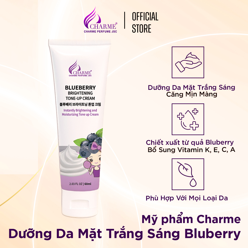 Kem dưỡng da mặt, Charme Blueberry Brightening, Tone-Up Cream, dưỡng sáng, nâng tone tự nhiên, 60ml