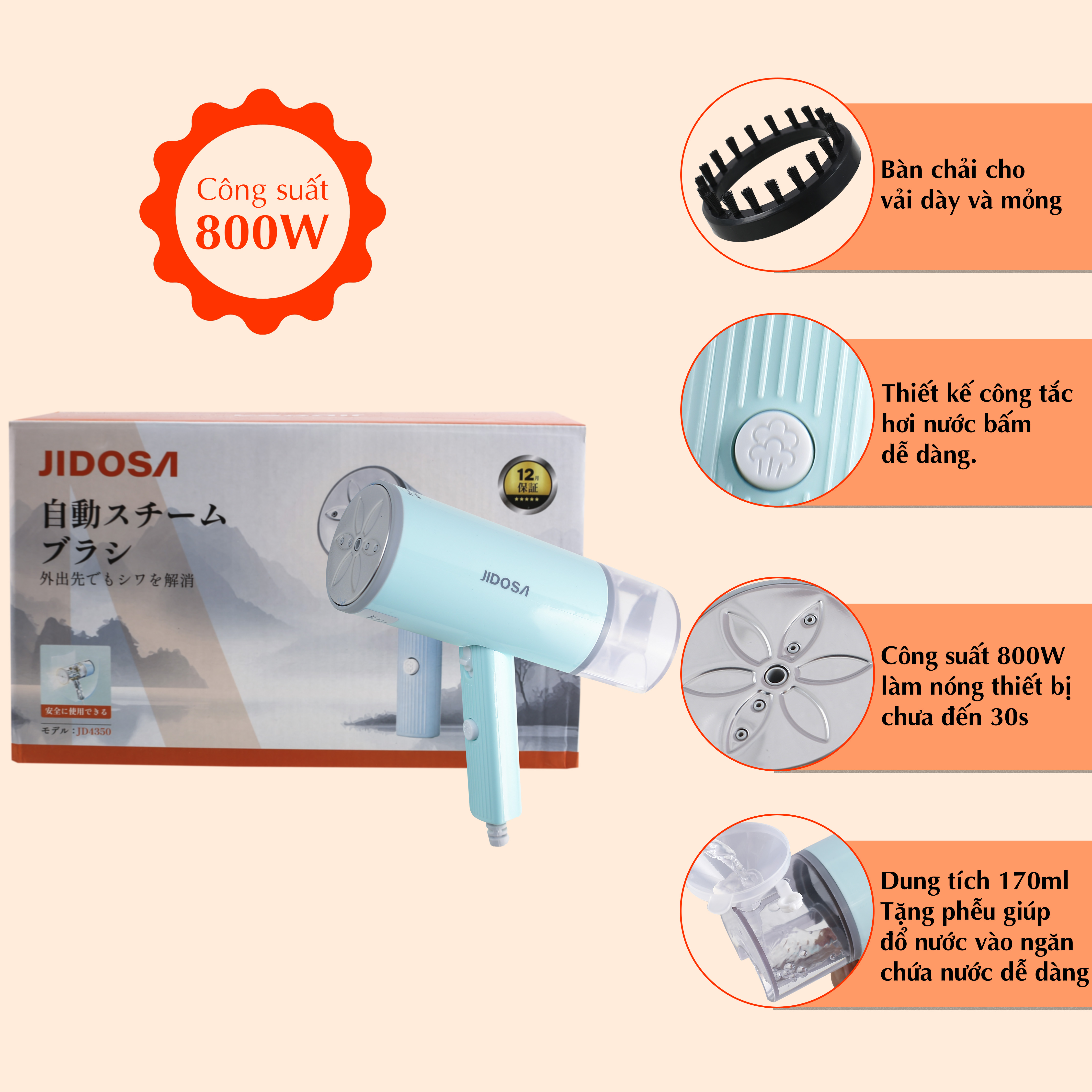 Bàn Là Hơi Nước JIDOSA JD4350 Cầm Tay Gấp Gọn Công Suất 800W , Bàn Ủi Mini Bình Nước Lớn 170ml hàng chính hãng