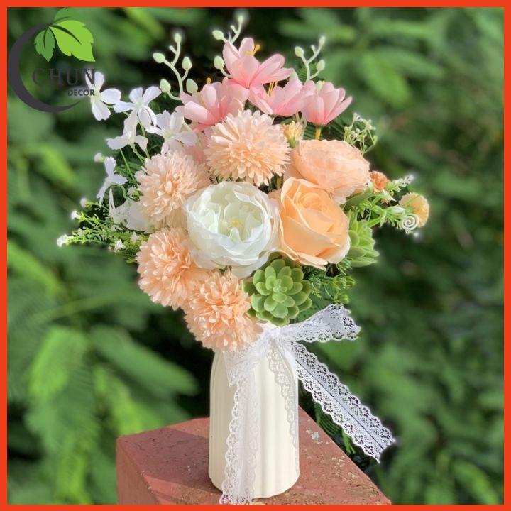 Bình Hoa Lụa Cao 35cm Màu Tươi Sáng Để Bàn, Kệ Tủ, Trang Trí Nhà, Văn Phòng, Cửa Hàng