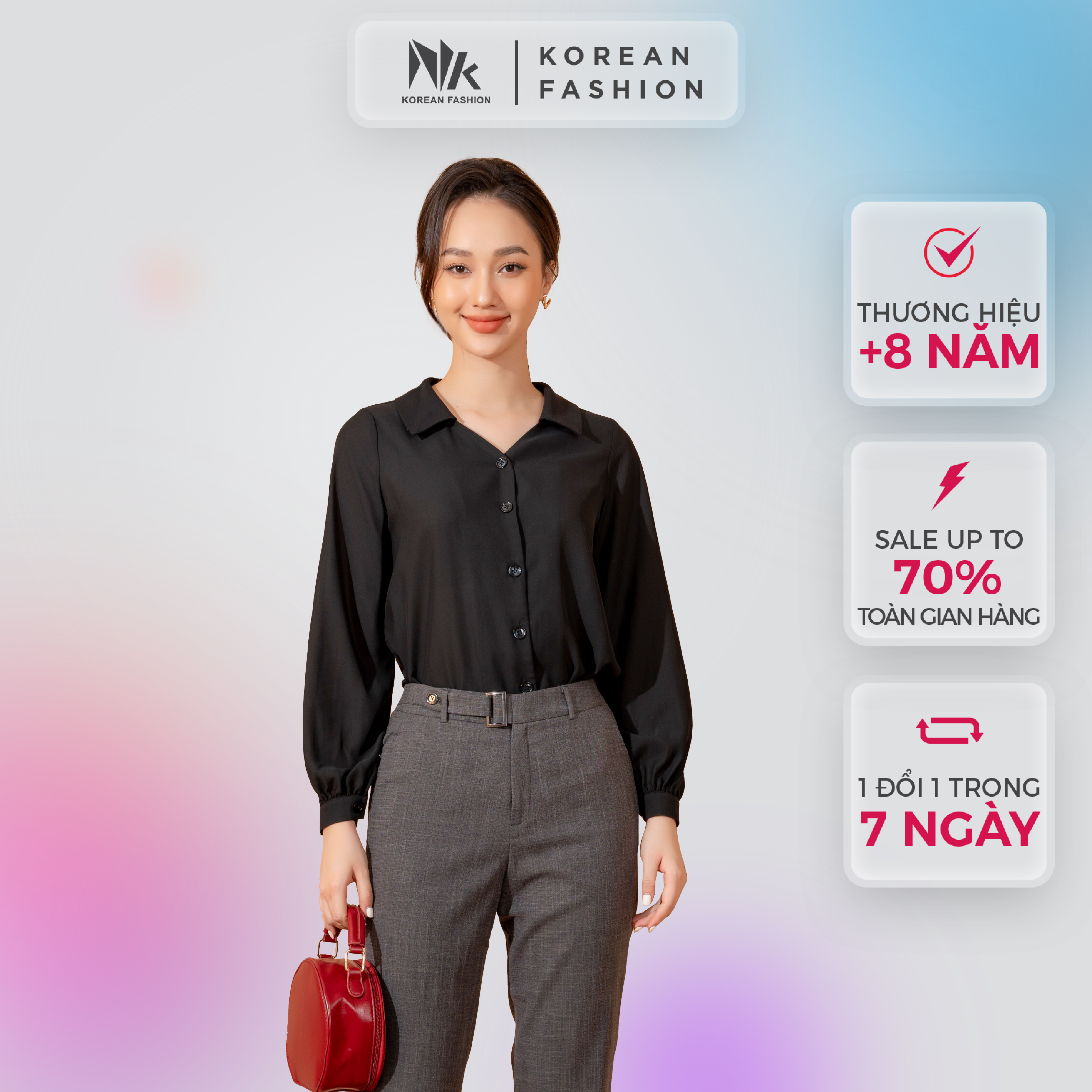 Áo Sơ Mi Nữ Công Sở Dài Tay NK Fashion NKSM2106003 Thiết Kế Cổ Không Chân Tay Bồng Điệu, Chất Liệu Vải Nhập Hàn