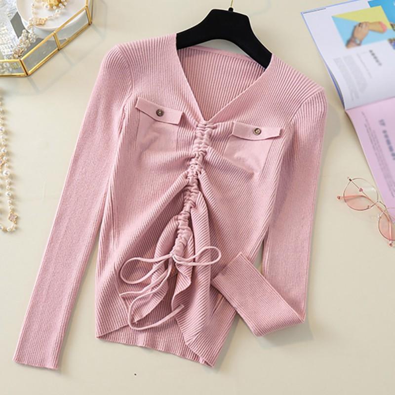 Áo sweater nữ tay dài cổ chữ V màu trơn thời trang
