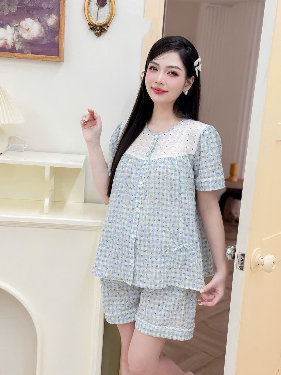 Bộ Sooc Đũi Nơ Tím Cho Mẹ Bầu. Chất đũi siêu nhẹ, mềm, thấm hút mồ hôi