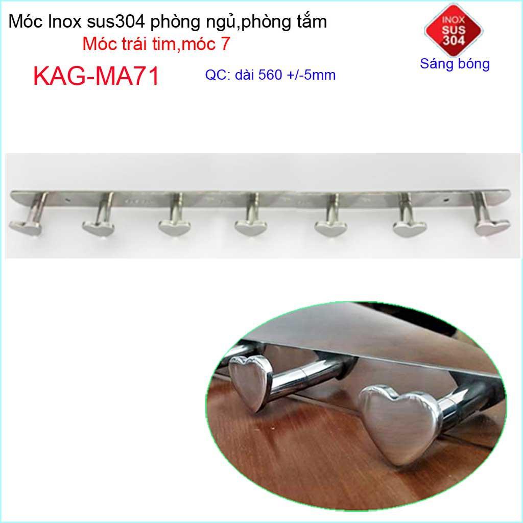 Móc treo quần áo inox 304 cao cấp dày, móc tim Kace 7 móc treo đồ nhà tắm KAG-MA71