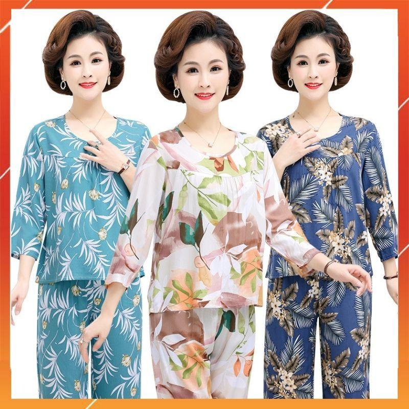 Bộ lanh mặc nhà trung niên áo daì tay, quần lở,bộ lanh mặc nhà cho mẹ