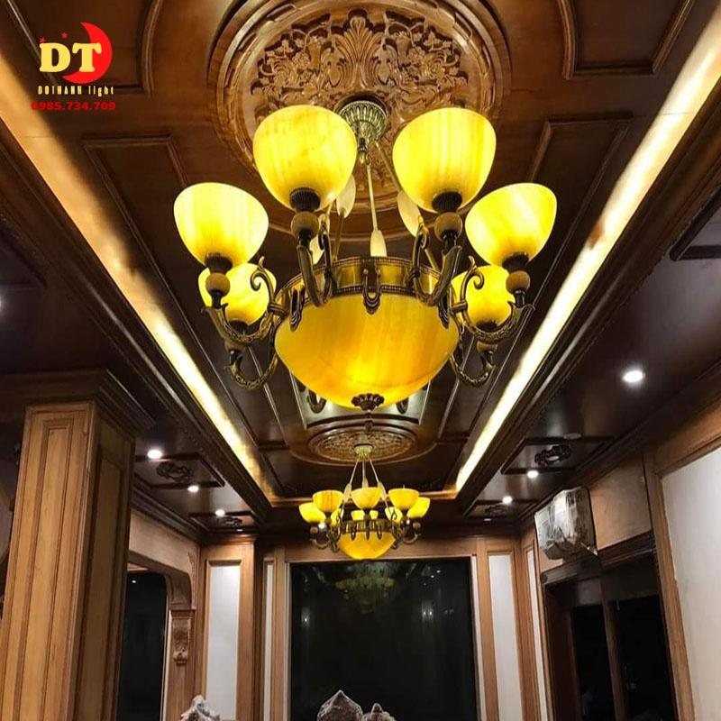 Đèn chùm đồng đá tân cổ điển cao cấp phòng khách 8 tay DCN
