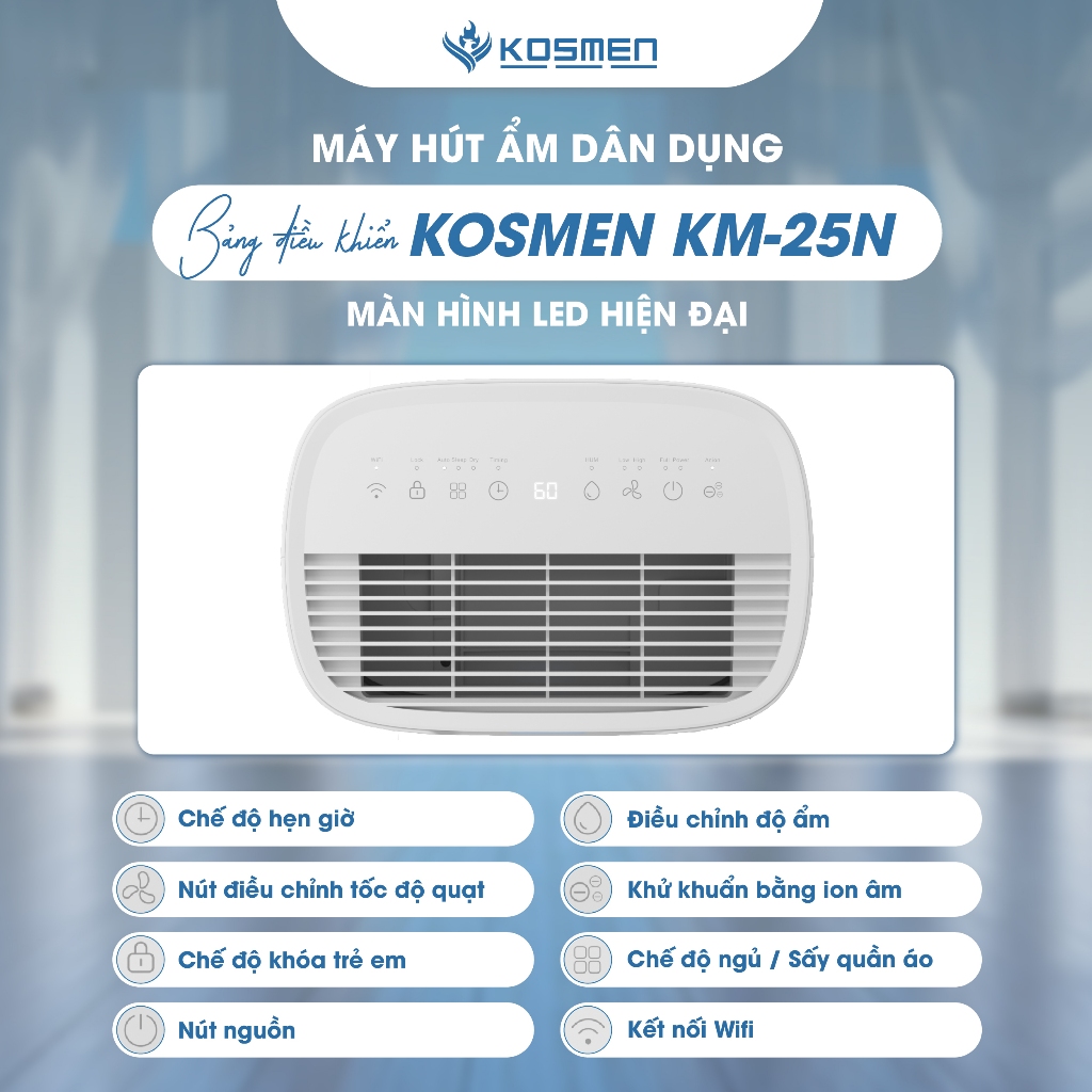 Máy Hút Ẩm Kosmen KM-25N,Phù Hợp Diện Tích 55 - 95 m2, Lọc Không Khí Chuyên Sâu - Hàng Chính Hãng, Bảo Hành 24 Tháng