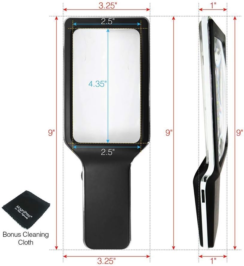 Kính lúp cầm tay đọc sách cao cấp Magnipros ED-13 (4x, 10 đèn LED chống chói, điều chỉnh độ sáng, Pin sạc lại) (Hàng chính hãng)