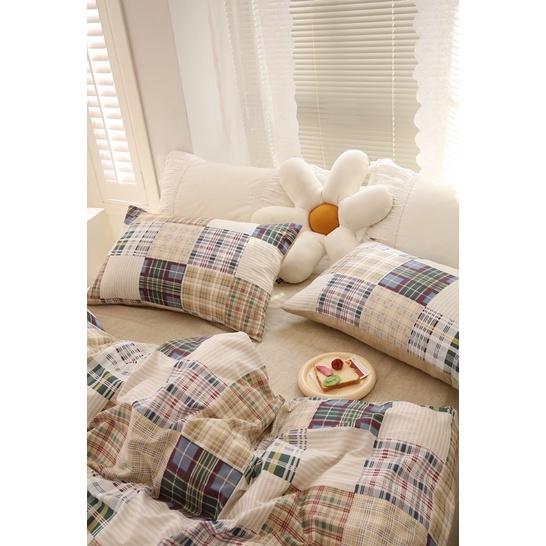 Set Cotton Living 100%cotton Hàng Nhập Khẩu Cao Cấp 4 Món kẻ Nâu Thổ Cẩm