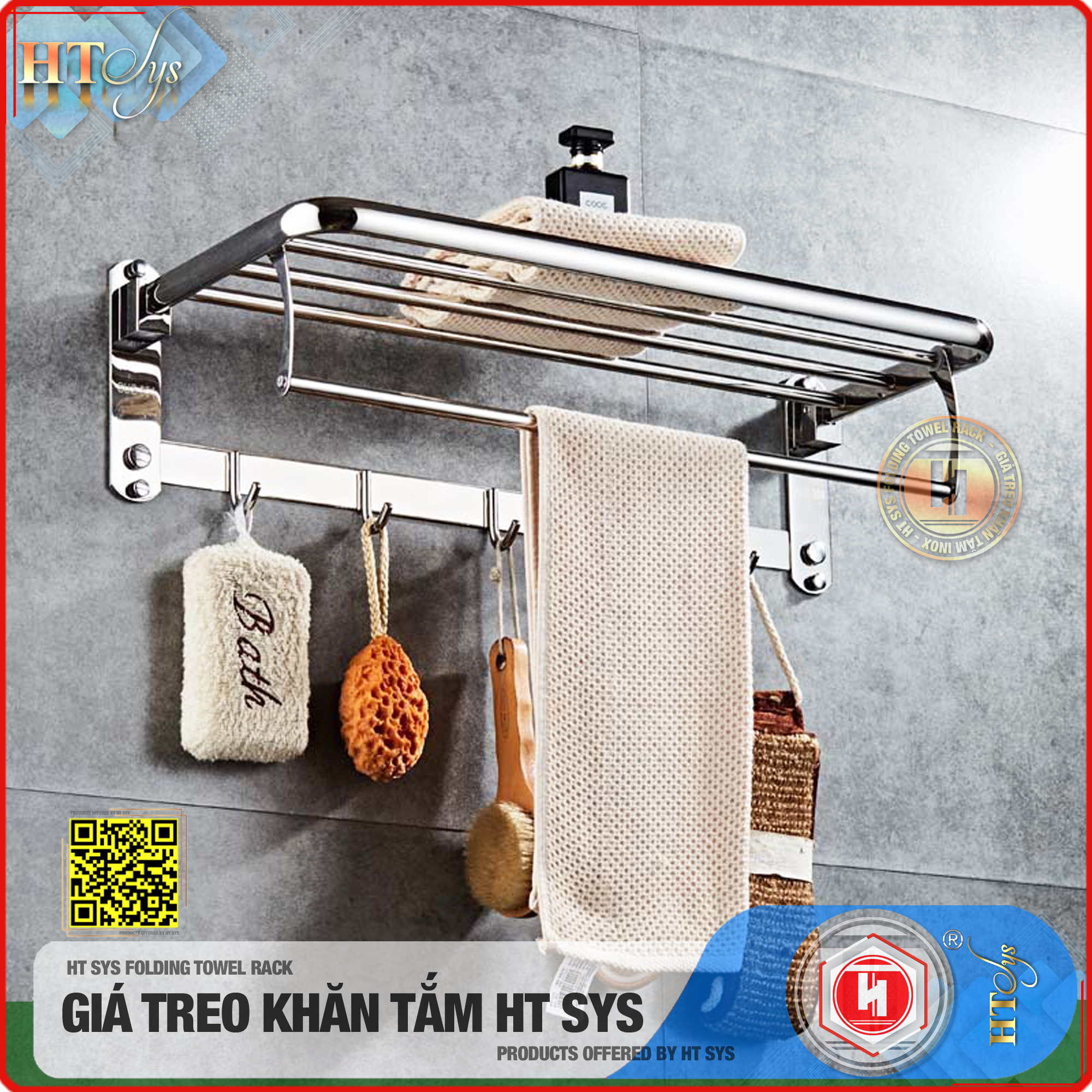 Kệ nhà tắm inox 304 cao cấp HT SYS - HTGT02 - Tích hợp giá treo khăn tắm, vắt khăn tắm, móc treo đồ -Hàng Chính Hãng